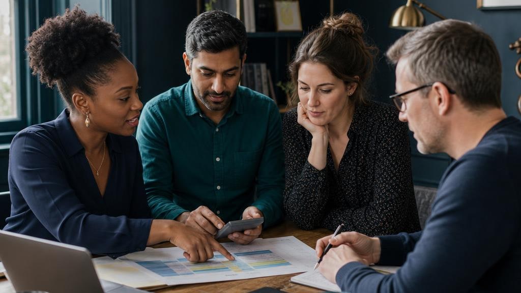Diverse charity professionals reviewing project cost sheets and a calculator around a wooden table in a navy and teal office.